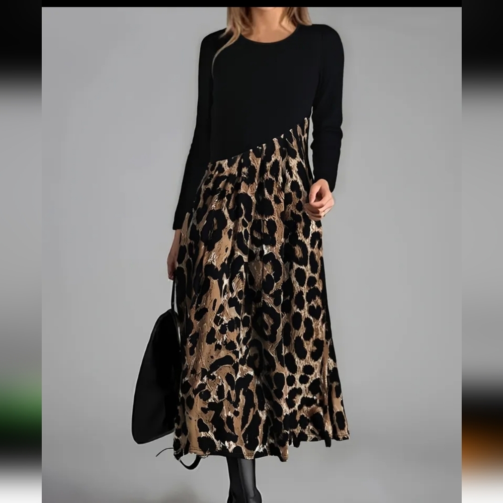 Women'S Retro Leopard Print Versatile Elegant Fashion Long Sleeve Dress NWT